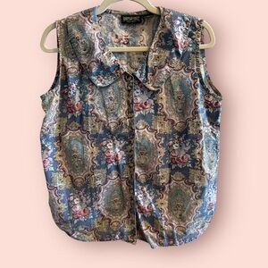 Vintage Tapestry Floral Vest Top – Ornate Paisley Button Front Blouse